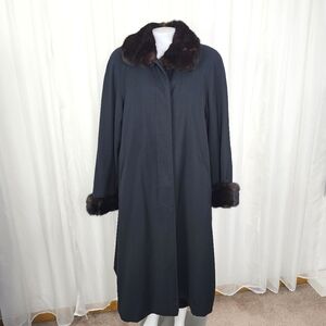 Mimi K Black Twill Coat With Brown Real Fur Zip Out Lining And Trim Large